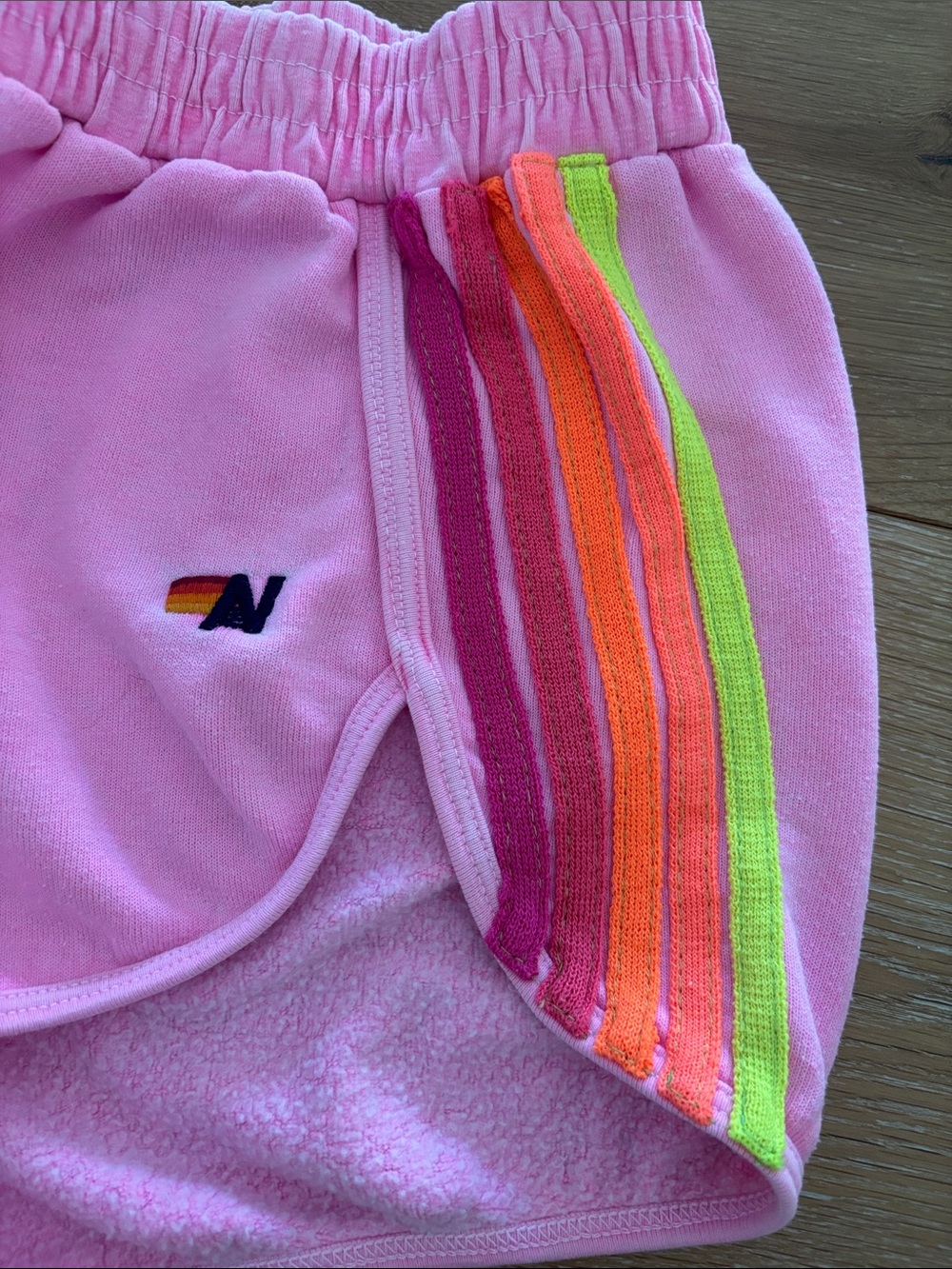Aviator Nation neon Pink Athletic Shorts with Rainbow Side Stripes - Picture 4 of 7